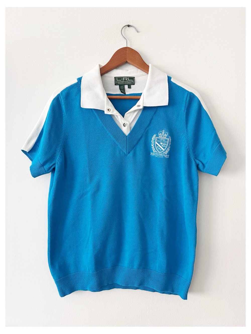 Lauren Ralph Lauren Blue V-Neck Sweater Layered Polo Crest Logo Preppy size xl